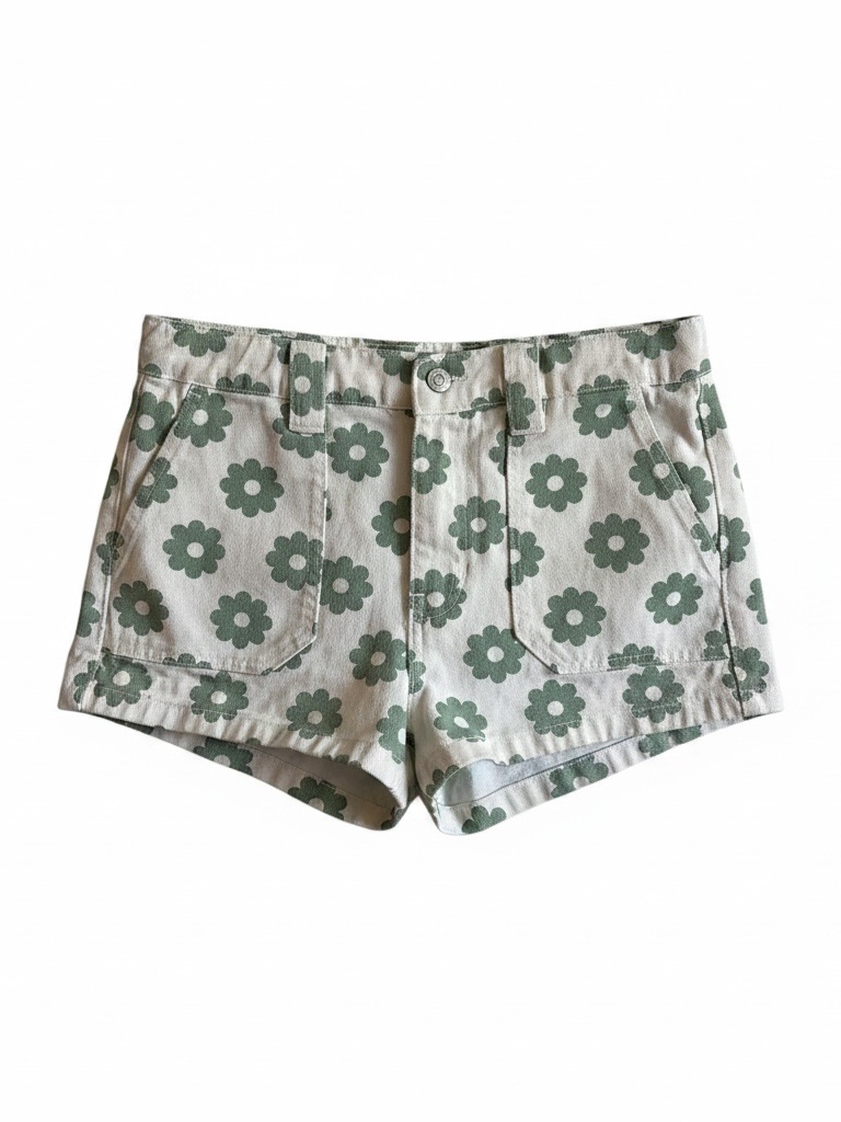 Pacsun White High-Rise Jean Shorts With Green Daisy Print